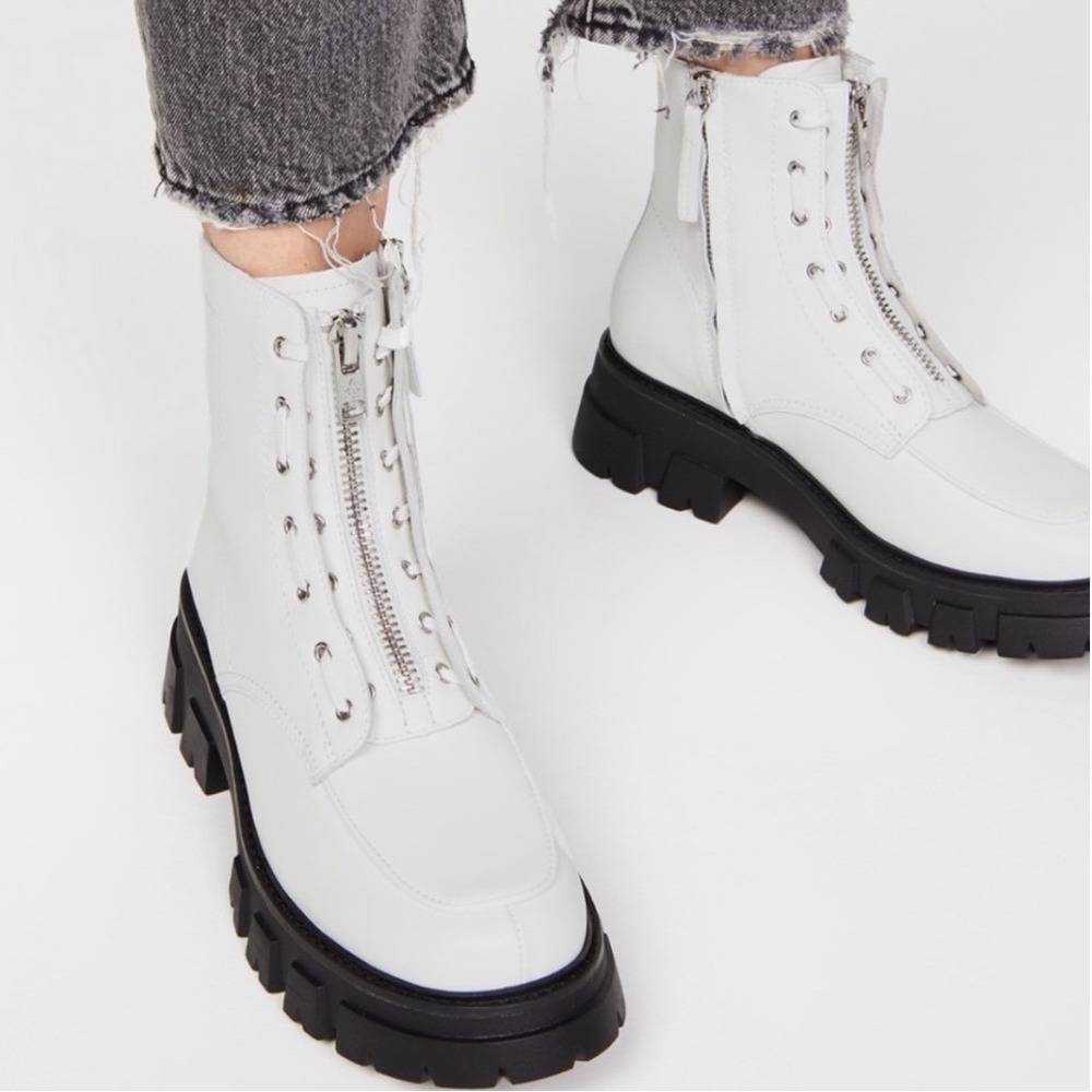 Ash Lynch White Leather Front Zip Combat Boots Lug Sole Star Tread EU 41 US 10.5
